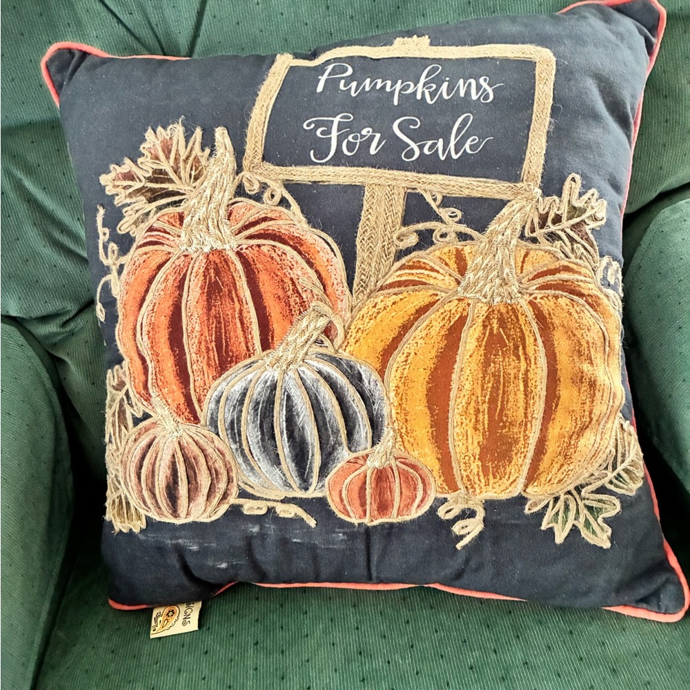 “Pumpkins For Sale” Pillow, Jute Accents, Navy/Rust/Black, Spot Clean, 19” X 19”